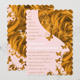 Invitation Cœur en Or Rose et Roses de Mariage
