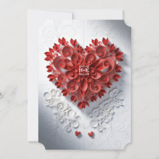Invitation Cœur en papier découpé au laser rouge avec initial