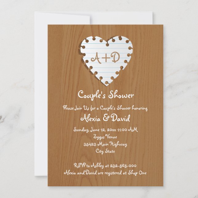 Invitation Coeur en papier sur bois mariage couple douche (Devant)
