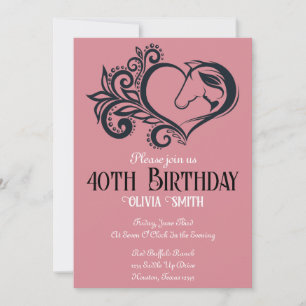 Invitation Coeur fille cheval mignonne, 40ème anniversaire mi