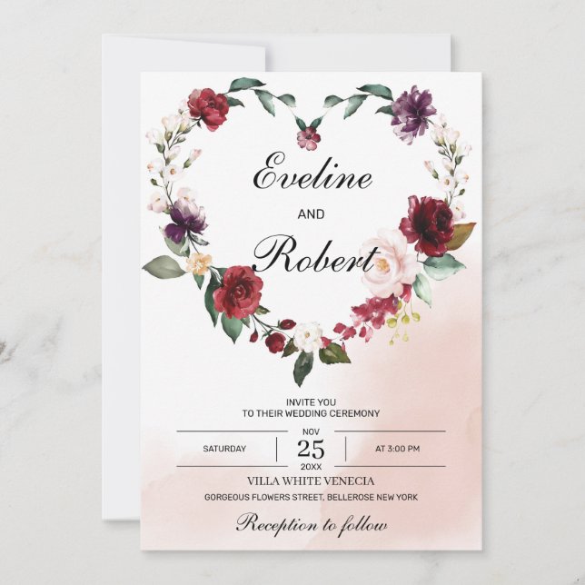 Invitation Coeur floral moderne bordeaux et fleur rose rousse (Devant)