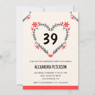 Invitation Cœur floral moderne tout âge pour son 39e annivers