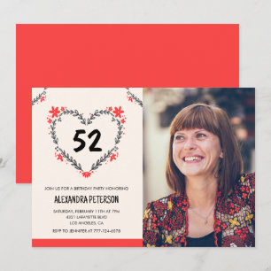 Invitation Cœur floral rouge élégant pour son 52e anniversair