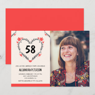 Invitation Cœur floral rouge élégant pour son 58e anniversair