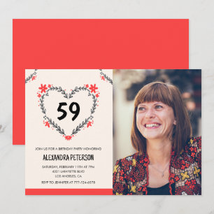 Invitation Cœur floral rouge élégant pour son 59e anniversair
