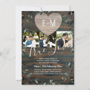 Invitation Coeur gravé Initiales rustiques Mariage photo en b