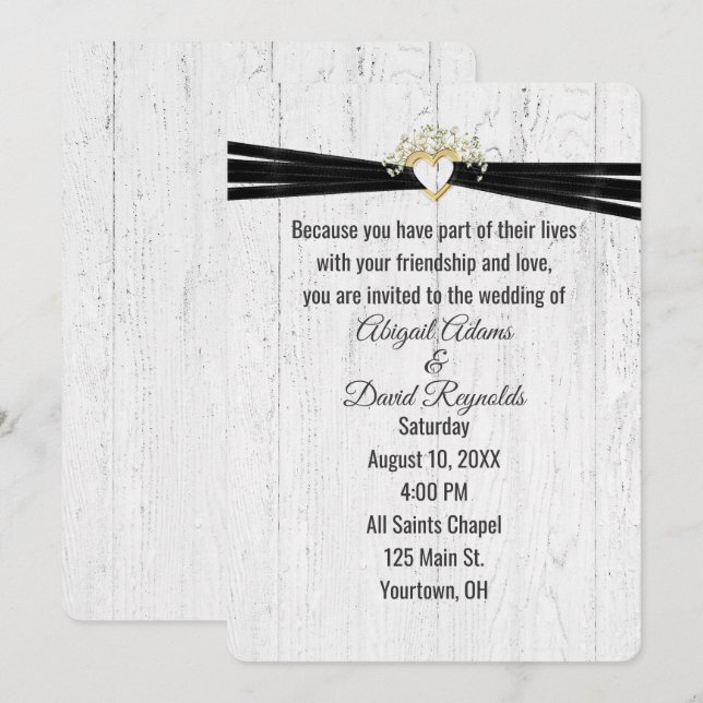 Invitation Coeur mariage avec ruban noir sur bois (Devant / Derrière)