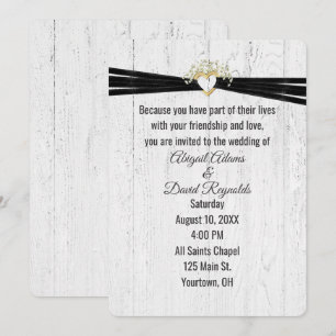 Invitation Coeur mariage avec ruban noir sur bois