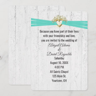 Invitation Coeur mariage avec ruban turquoise sur bois