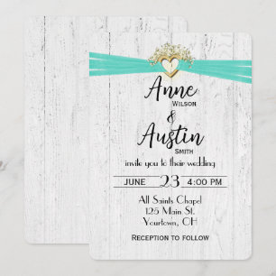 Invitation Coeur mariage avec ruban turquoise sur bois