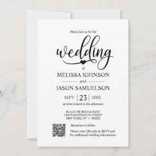 Invitation Coeur Mariage minimaliste noir blanc   Code QR