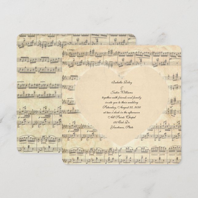 Invitation coeur mariage sépia sur la musique (Devant / Derrière)