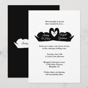 Invitation Cœur noir et blanc & Cygnes Mariage minimaliste mo