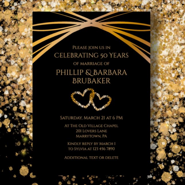 Invitation Cœur Original Élégant Personnalisé 50e Anniversair (Custom 50th Wedding Anniversary Party Invitation, Golden Modern on Black, romantic hearts.)