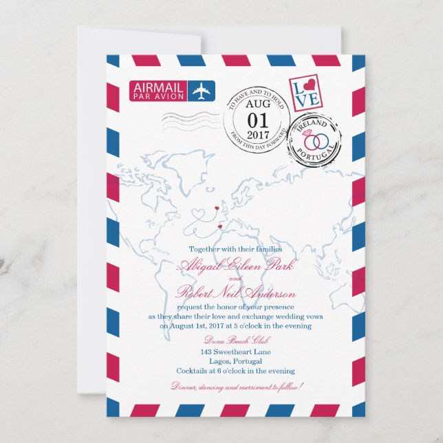 Invitation Cœur par avion par Irlande et Portugal Mariage (Devant)