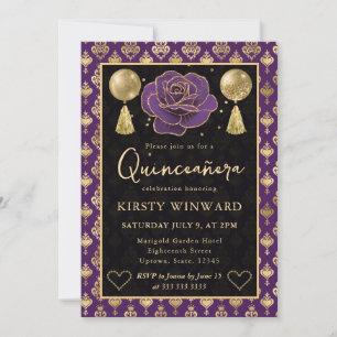 Invitation Cœur Pourpre & Or Damassé & Rose Quinceanera