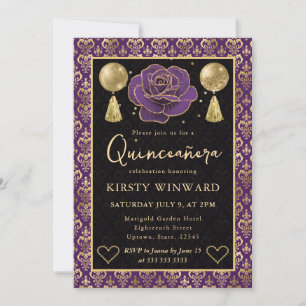 Invitation Cœur Pourpre & Or Damassé & Rose Quinceanera