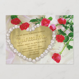 Invitation Coeur Quinceañera de perle de rose rouge