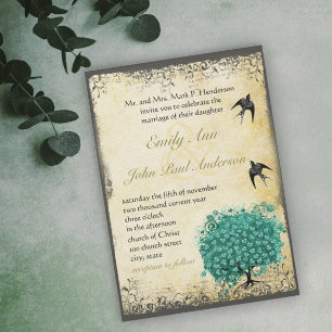 Invitation Cœur romantique Feuille de Tilleul Arbre Oiseau d'