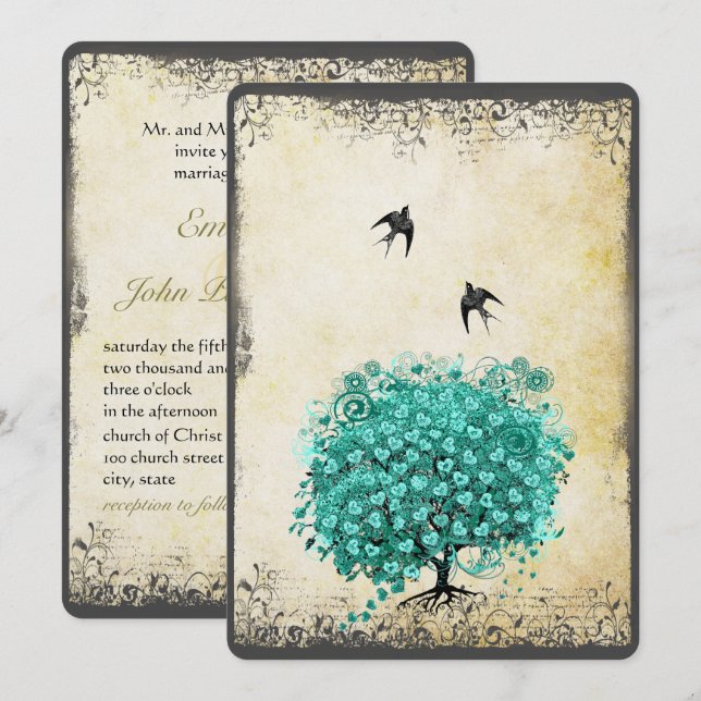 Invitation Cœur romantique Feuille Tilleul Arbre Oiseau Amour (Devant / Derrière)