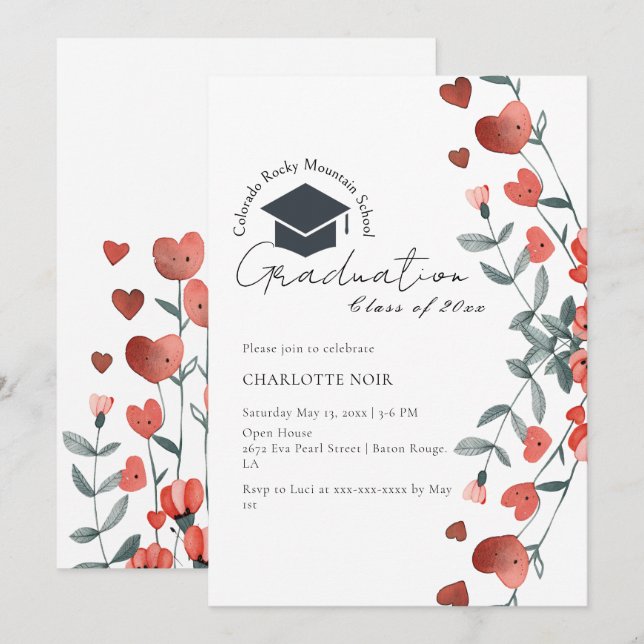 Invitation Coeur romantique Floral Printemps Graduation (Devant / Derrière)