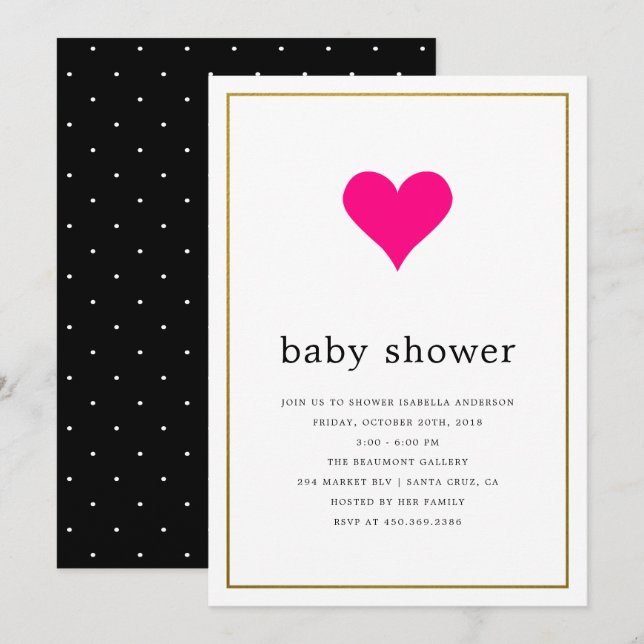 Invitation Coeur rose et simple typographie Baby shower fille (Devant / Derrière)