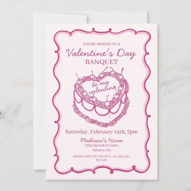 Invitation Coeur rose rétro Coquette gâteau cerise Valentine (Devant)