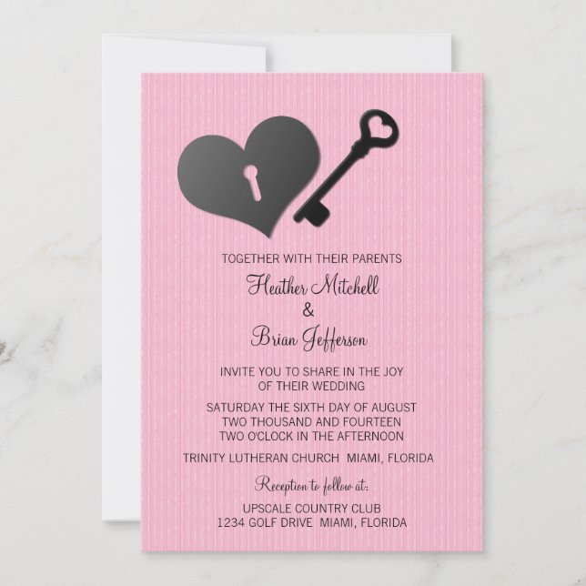 Invitation Coeur rose serrure et mariage clé (Devant)