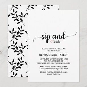 Invitation Coeur rose Simple Black Calligraphy Sip and See
