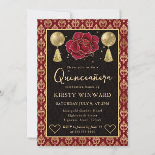 Invitation Cœur Rouge & Or Damassé & Rose Quinceanera