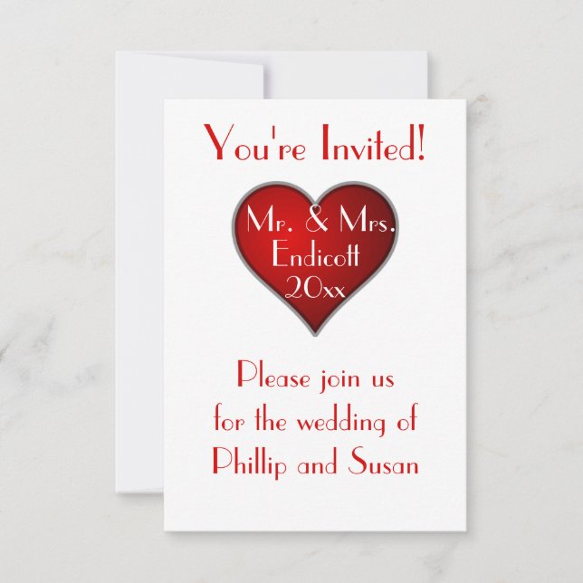 Invitation Coeur rouge romantique avec nom et Mariage Date (Devant)