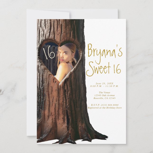 Invitation Coeur sculpté arbre souche Rustique Photo Sweet 16 (Devant)