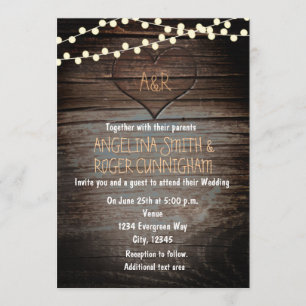 Invitation Cœur sculpté dans du bois et lumières de mariage à