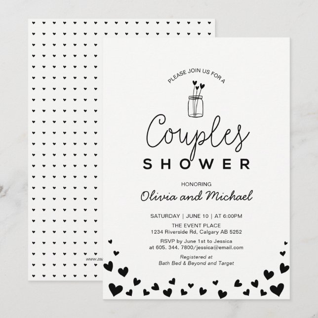 Invitation Coeur, Wedding shower Mason Jar_Chic Couples Noirs (Devant / Derrière)