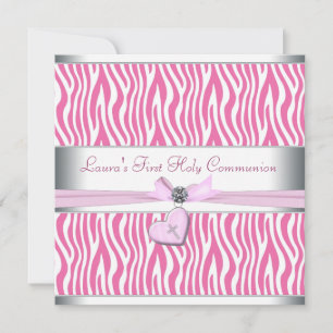 Invitation Cœur Zèbre Rose Blanc Première Communion