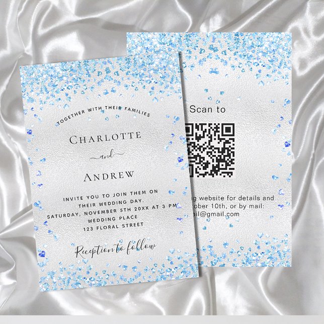 Invitation Coeurs bleu argenté Code QR mariage RSVP (Créateur téléchargé)