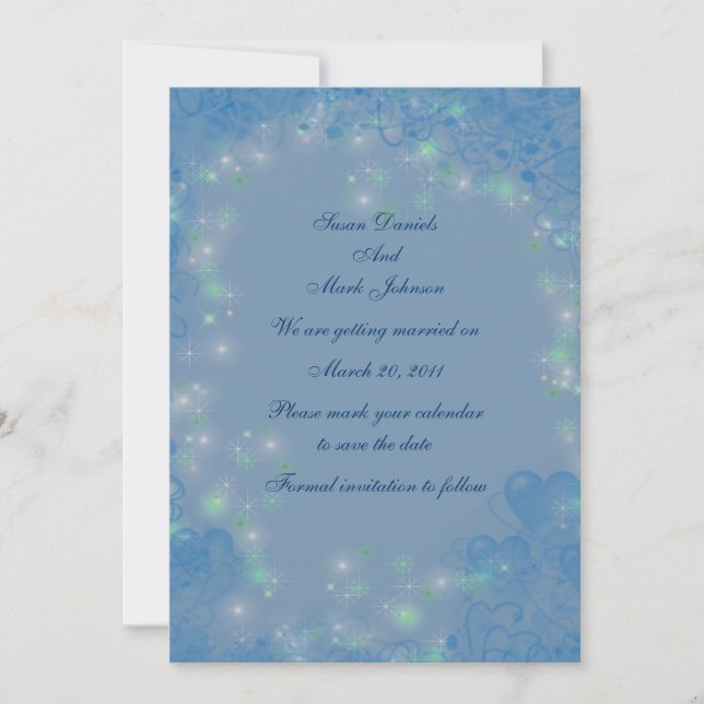 Invitation Cœurs bleus lumières scintillantes mariage à reten (Devant)