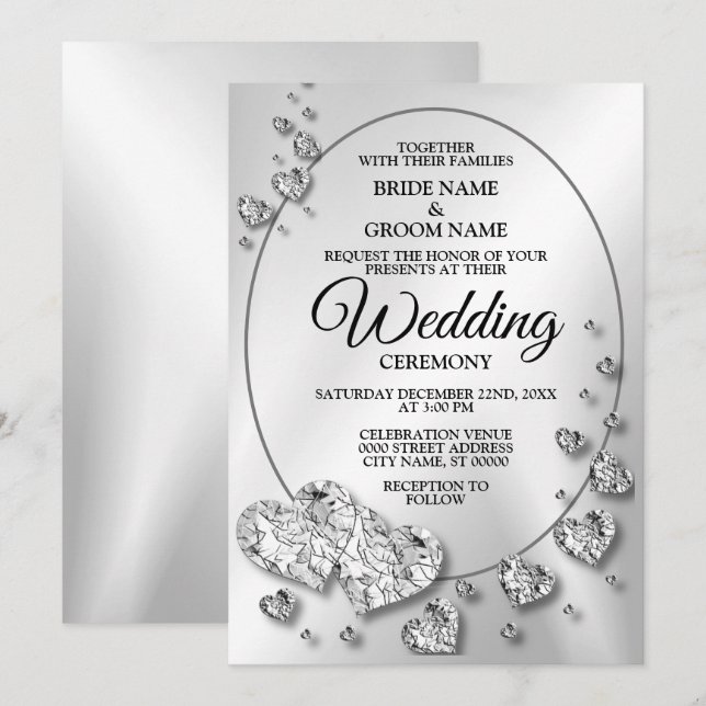 Invitation Coeurs brillants argent mariage géométrique Élégan (Devant / Derrière)