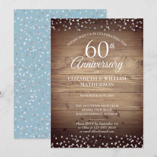 Invitation Cœurs d'amour délicats Confettis Bois rustique 60e (Devant / Derrière)