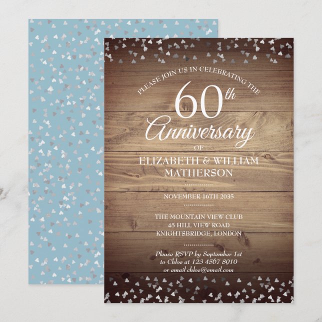 Invitation Cœurs d'amour délicats Confettis Bois rustique 60e (Devant / Derrière)