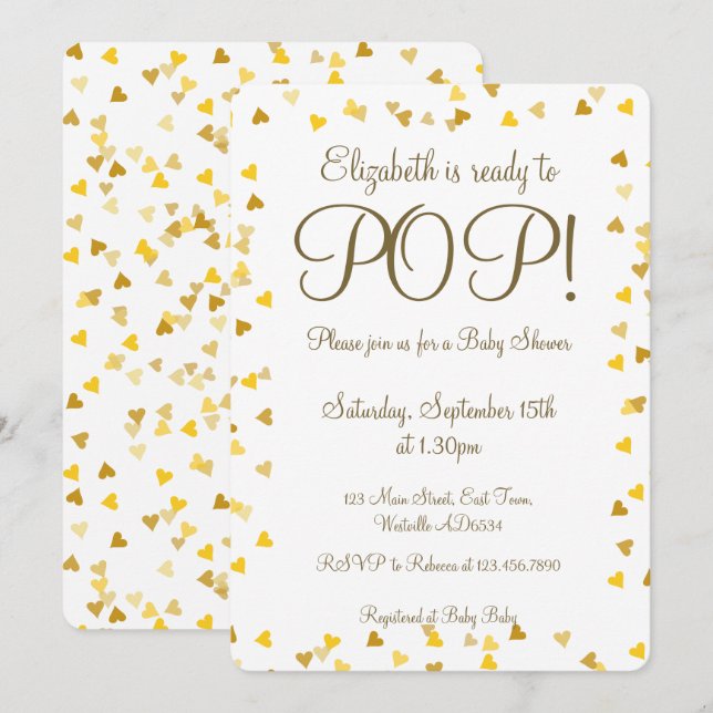 Invitation Coeurs d'amour pour l'or prêts à saupoudrer/Baby s (Devant / Derrière)