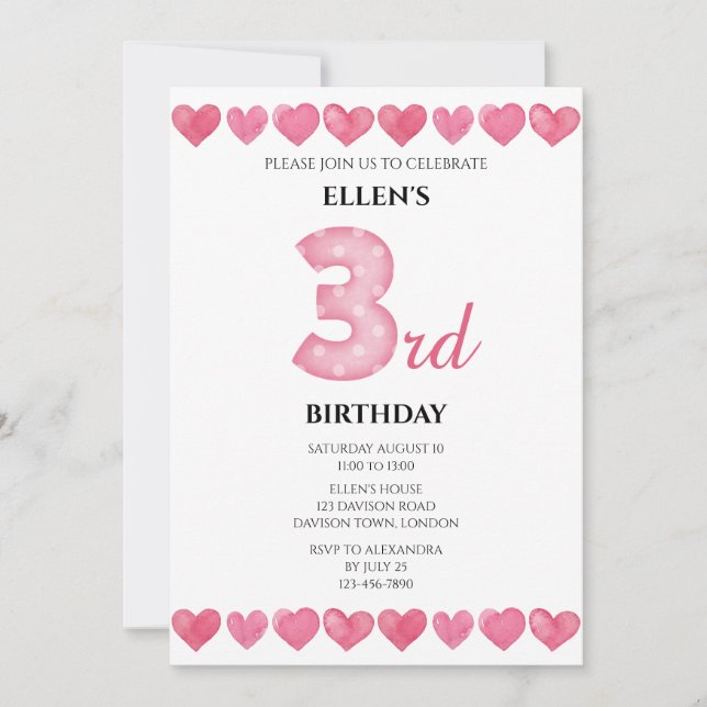 Invitation Coeurs d'amour rose 3e anniversaire Photo (Devant)