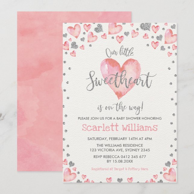 Invitation Coeurs d'argent rose Baby shower amoureux fille (Devant / Derrière)