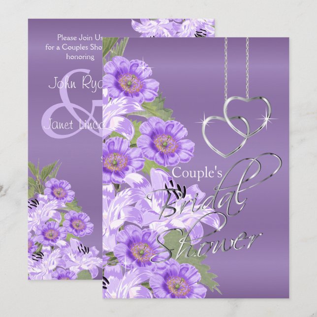 Invitation Coeurs d'argent sur la satin mauve de la lavande - (Devant / Derrière)