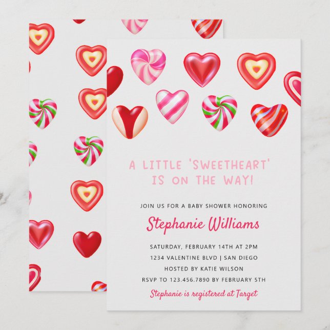 Invitation Coeurs de bonbons roses Un petit Baby shower amour (Devant / Derrière)