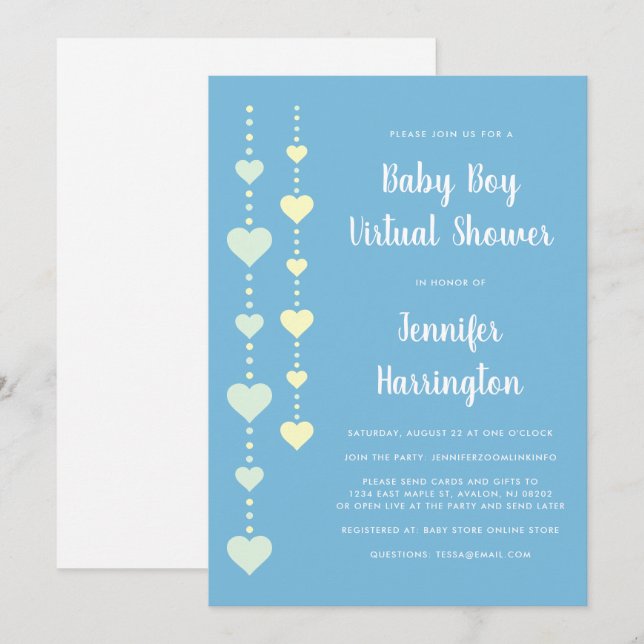Invitation Coeurs de chaîne Baby shower virtuel Monnaie jaune (Devant / Derrière)