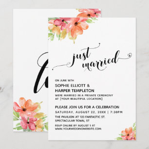 Invitation Cœurs de jeunes mariés Script Fleurs aquarelle