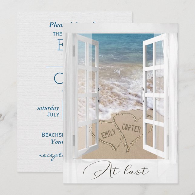 Invitation Coeurs de mariage de plage avec des noms dans la f (Devant / Derrière)