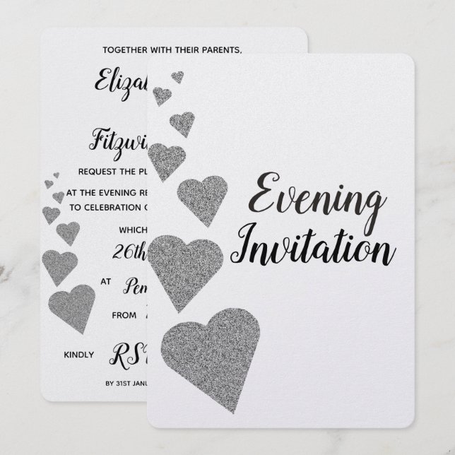 Invitation Coeurs de Parties scintillant argent Soirée Invita (Devant / Derrière)