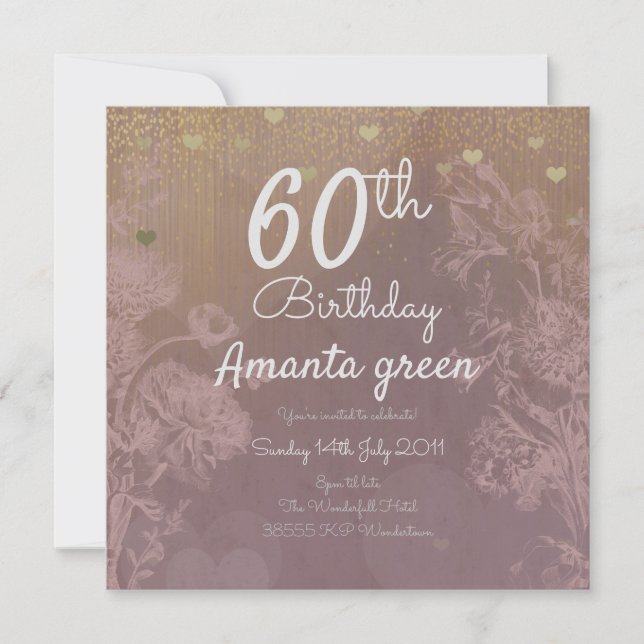 Invitation Coeurs de parties scintillant d'or rose 60e annive (Devant)